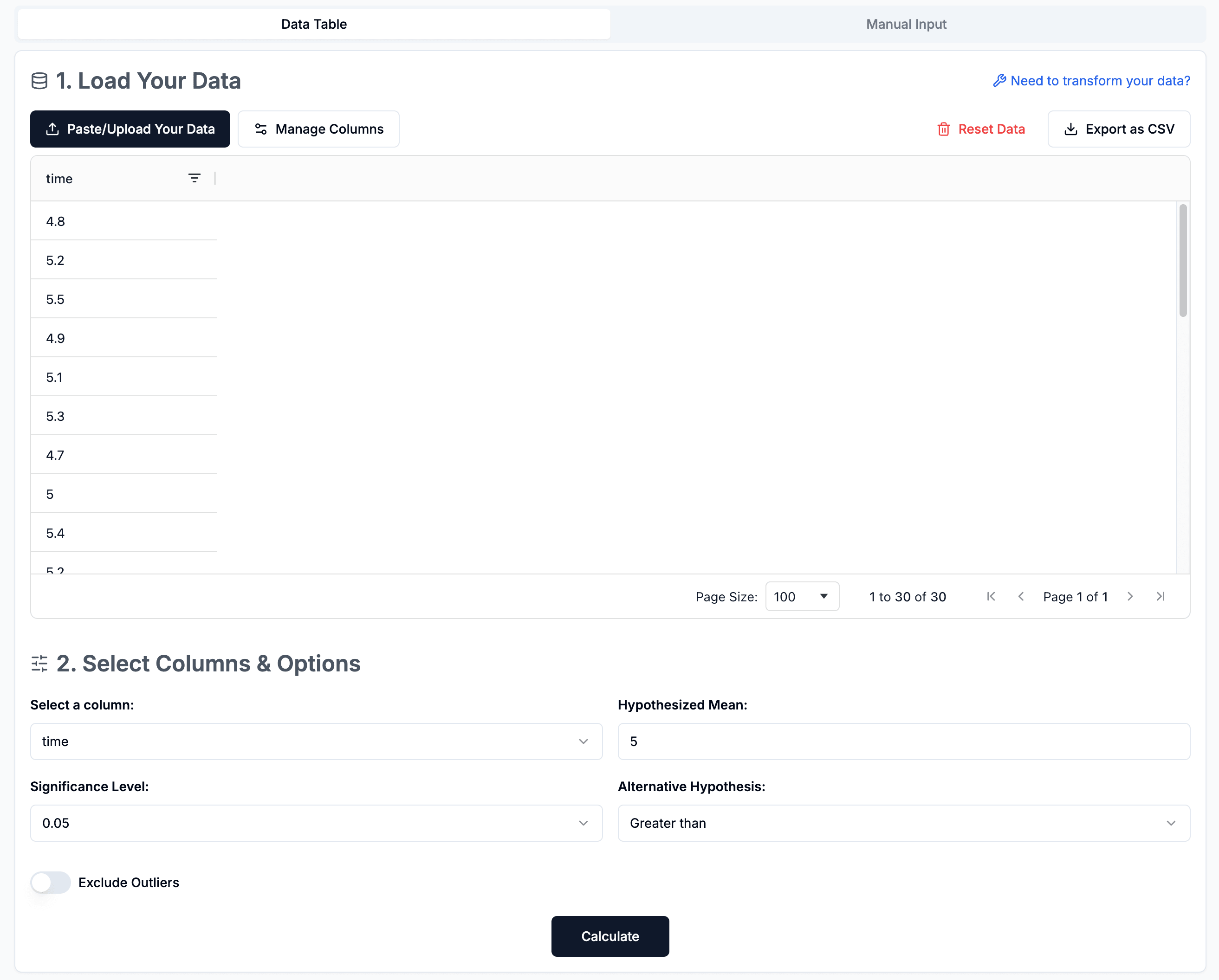 One-sample t-test calculator data table